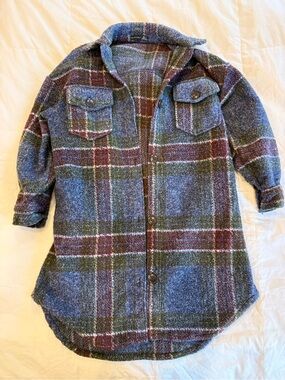 Black Tape_ Plaid Button-Up Shacket in Blue, Green & Burgundy